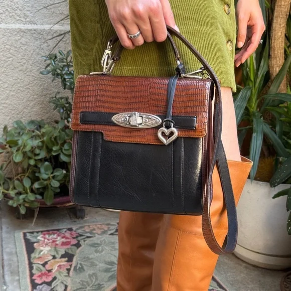 Vintage Black/Brown Brighton Leather Top-Handle Bag with Silver Hardware - Picture 6 of 16
